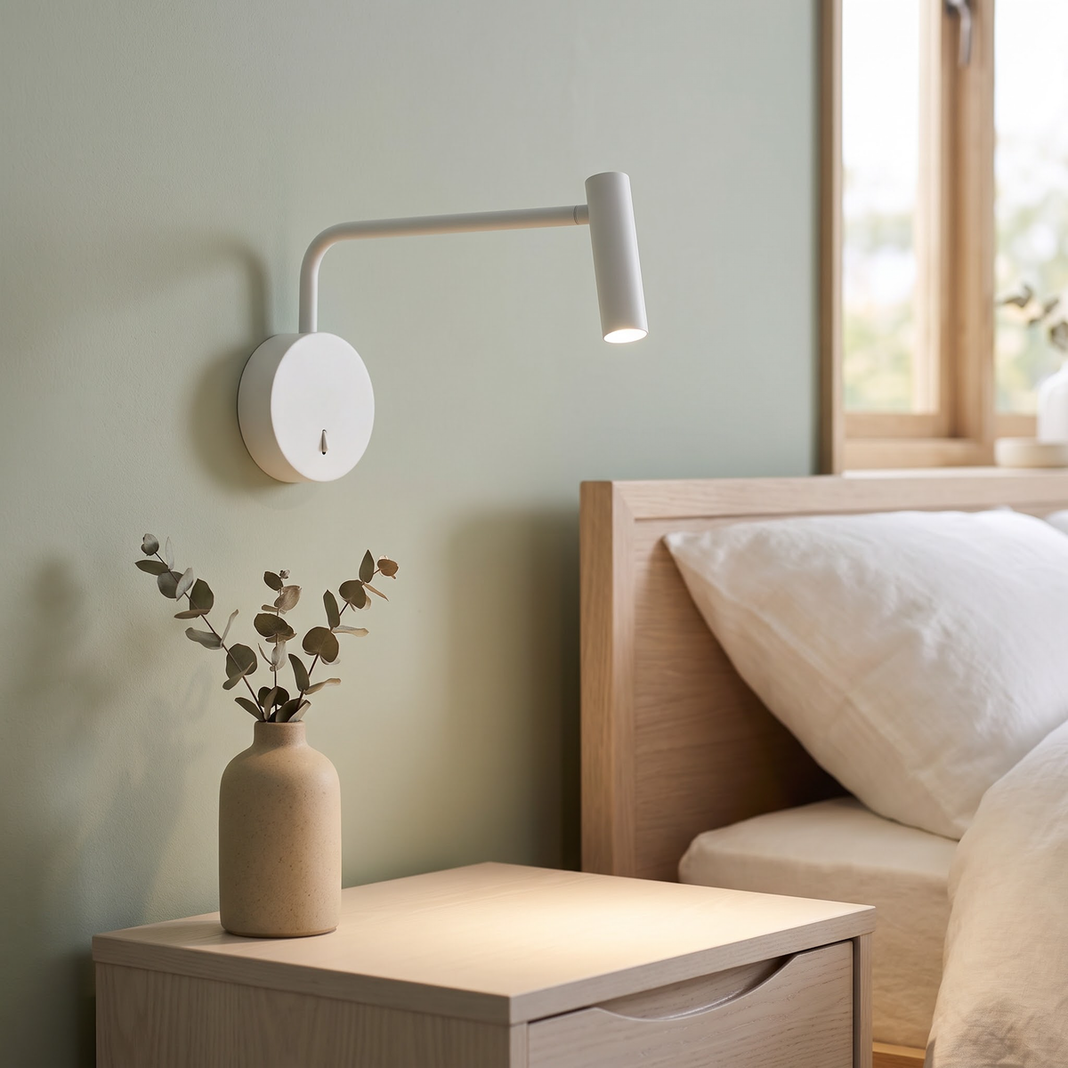 Matte white slim wall reading light beside a pale oak bed