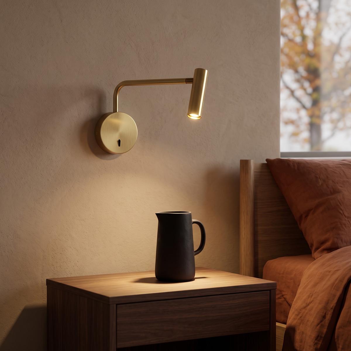 Brushed gold wall reading light above a walnut nightstand