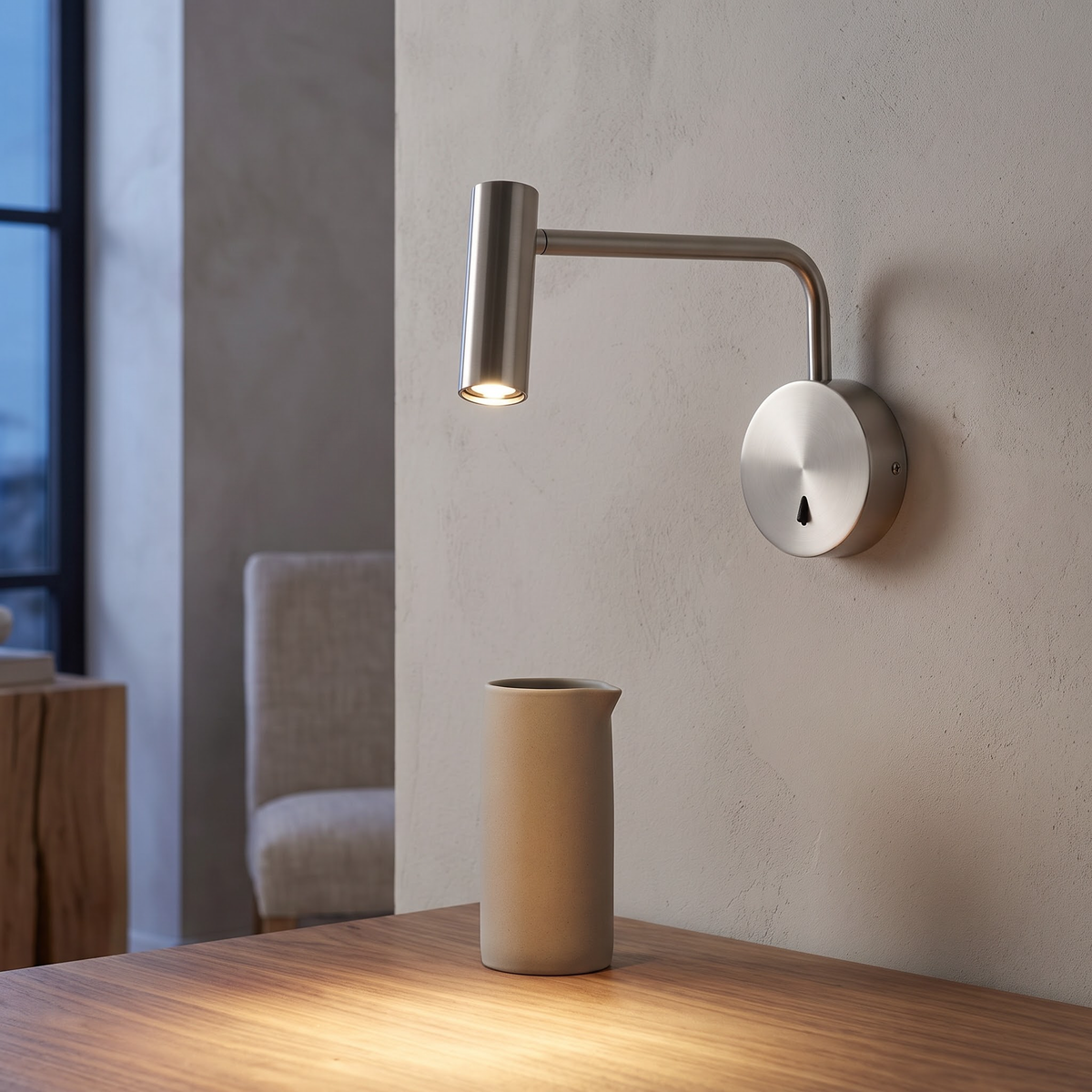 Sand nickel slim wall reading light above a walnut desk