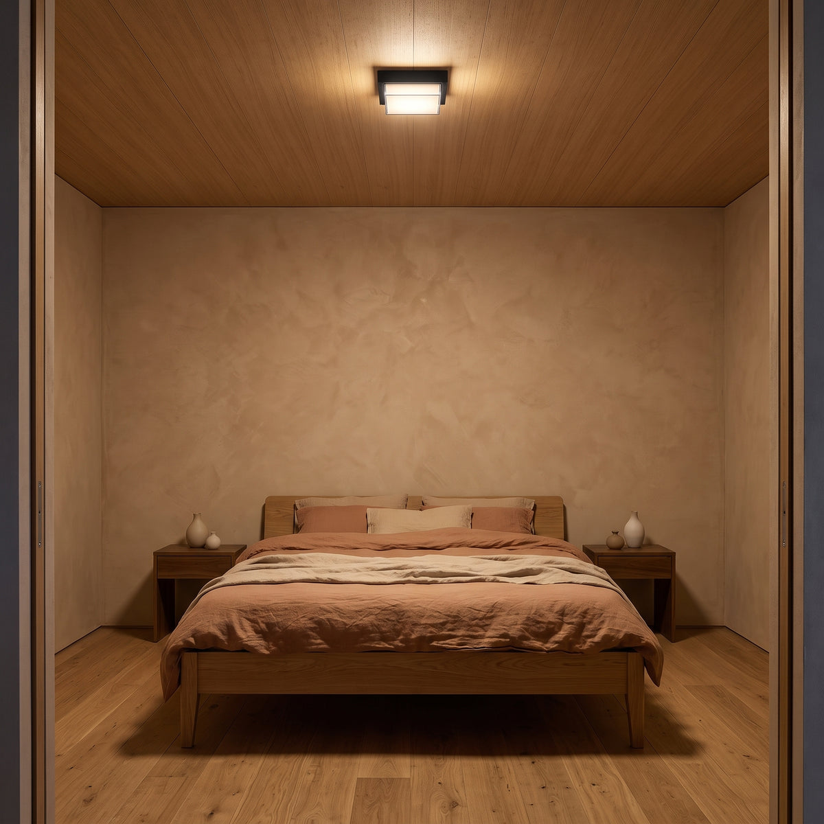Black square flush-mount ceiling light in a calm plaster bedroom