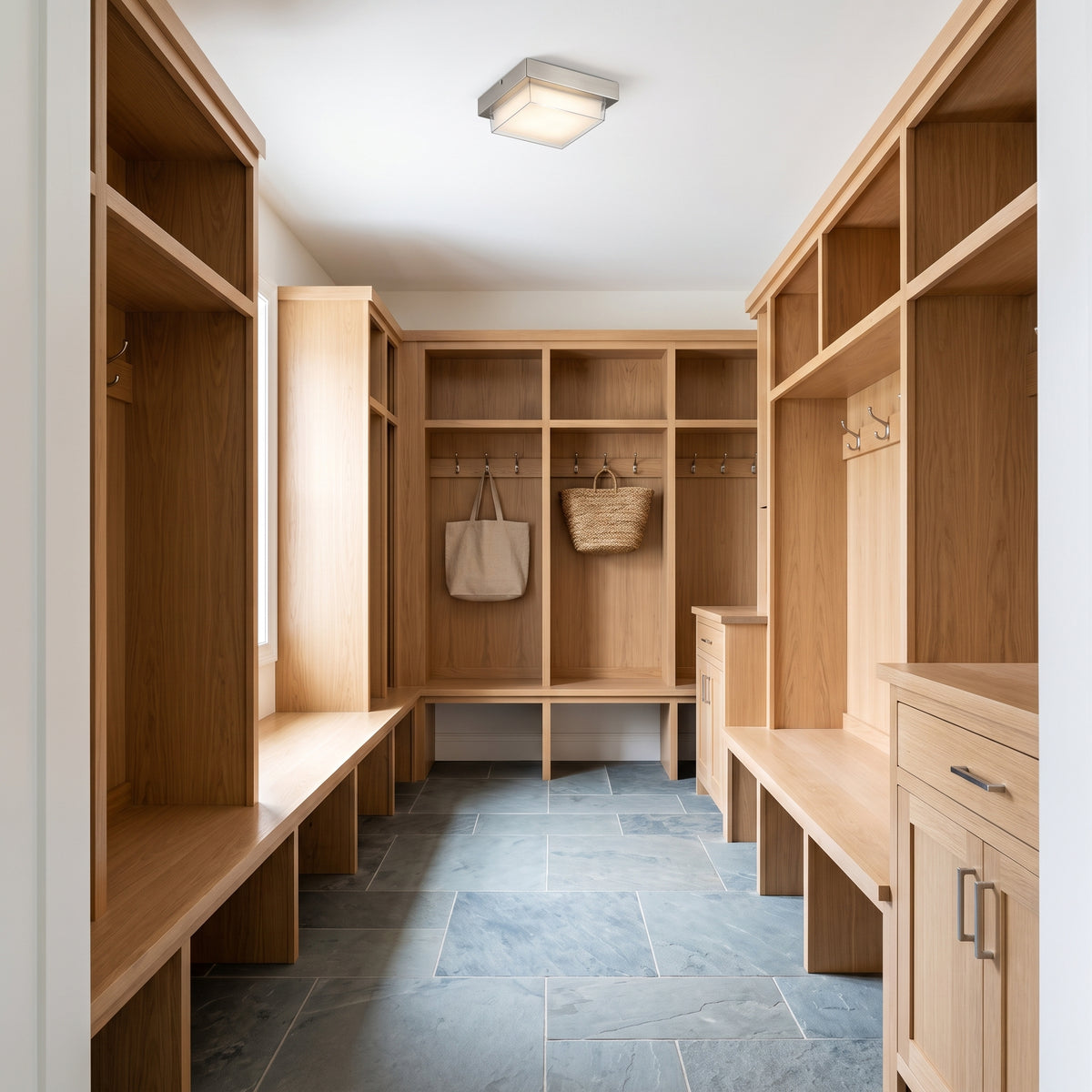 Stainless steel square flush-mount light on a laundry room ceiling