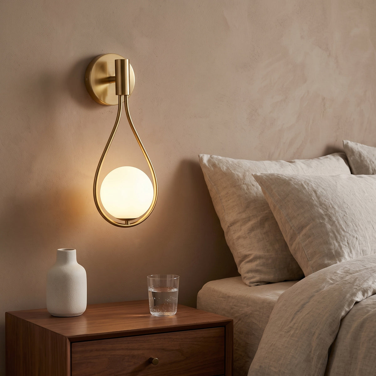 Gold teardrop wall light beside a walnut nightstand in a bedroom
