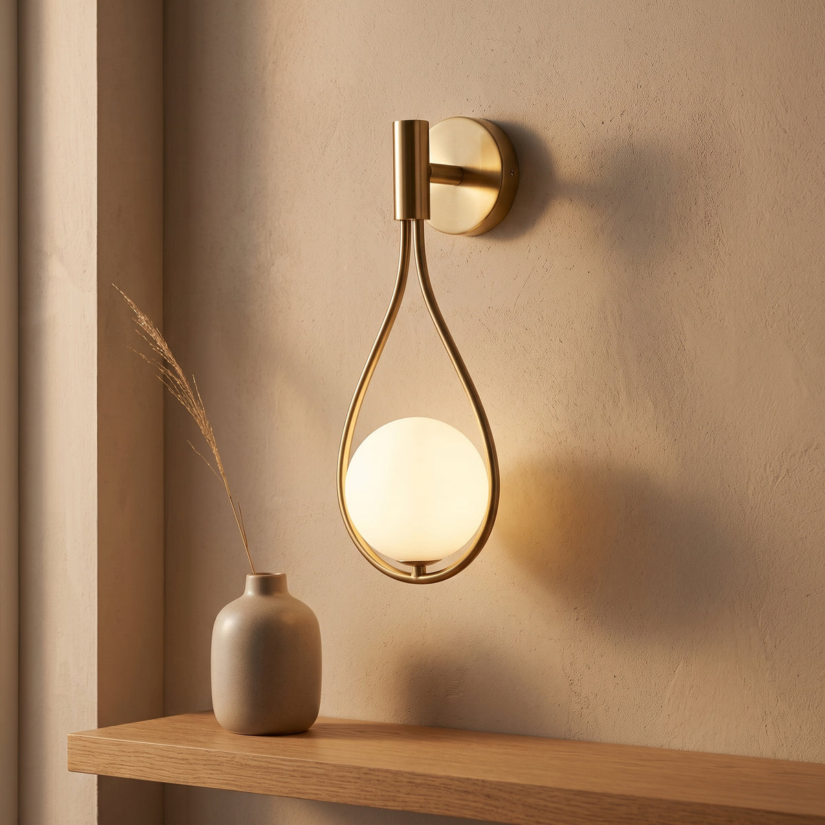 Close view of gold teardrop sconce with lit opal glass globe