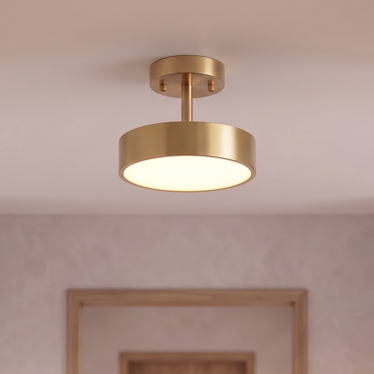 Brushed brass semi-flush ceiling light glowing in a Japandi entry hallway