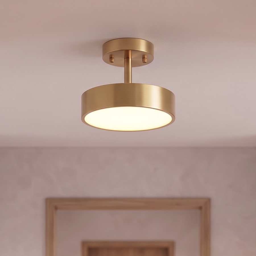 Brushed brass semi-flush ceiling light glowing in a Japandi entry hallway
