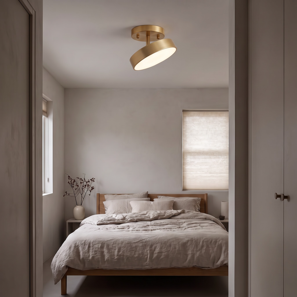 Angled brass ceiling light above a low oak bed in a plaster bedroom