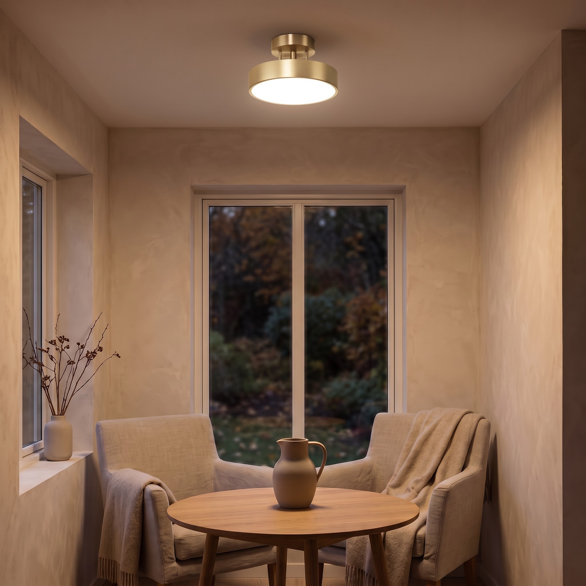 Brass drum ceiling light over a round oak table in a reading nook