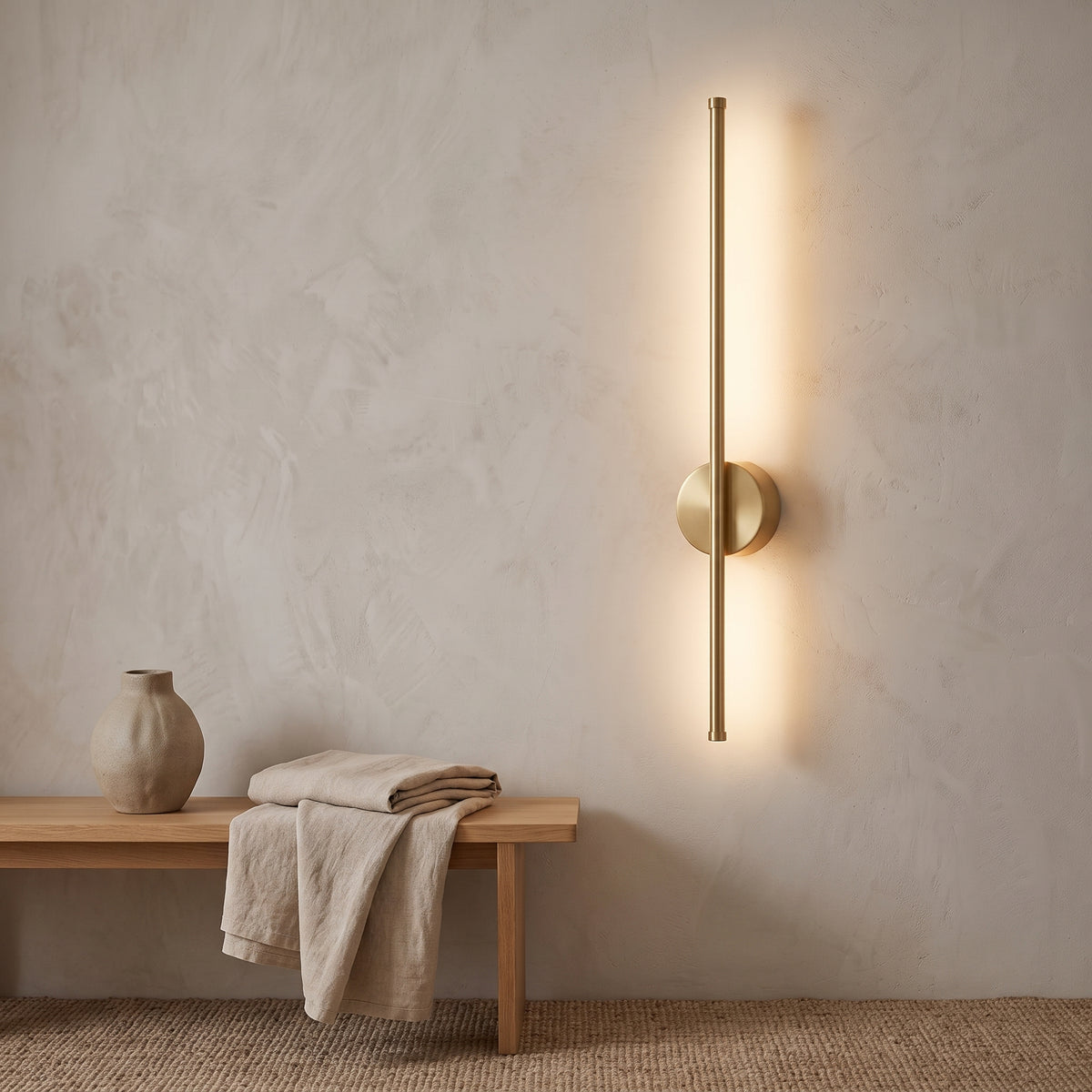 Brushed gold rod wall sconce with round disc mount glowing above an oak bench