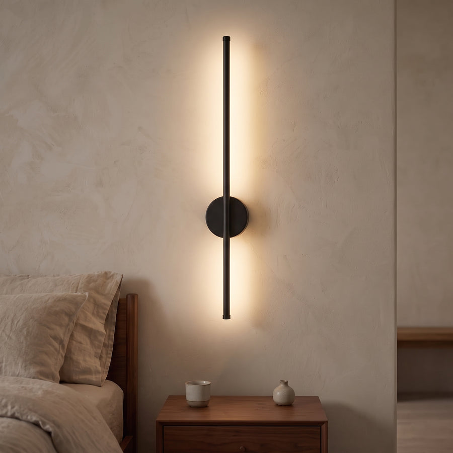 Soma Disc Wall Sconce – Slender LED Rod on Round Plate, Plug-In or Hardwired, 25.5 or 35.5 in, Black or Gold