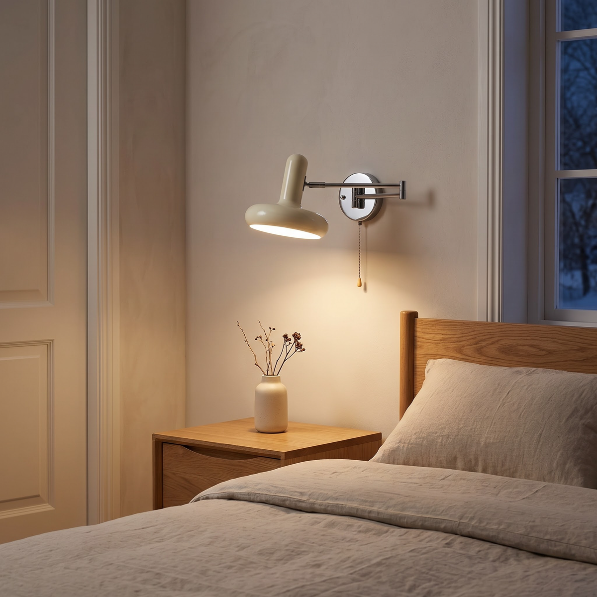 Cream mushroom wall lamp on a chrome swing arm beside a bed