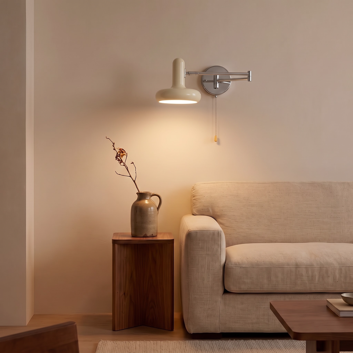 Cream mushroom swing-arm wall light above a walnut side table