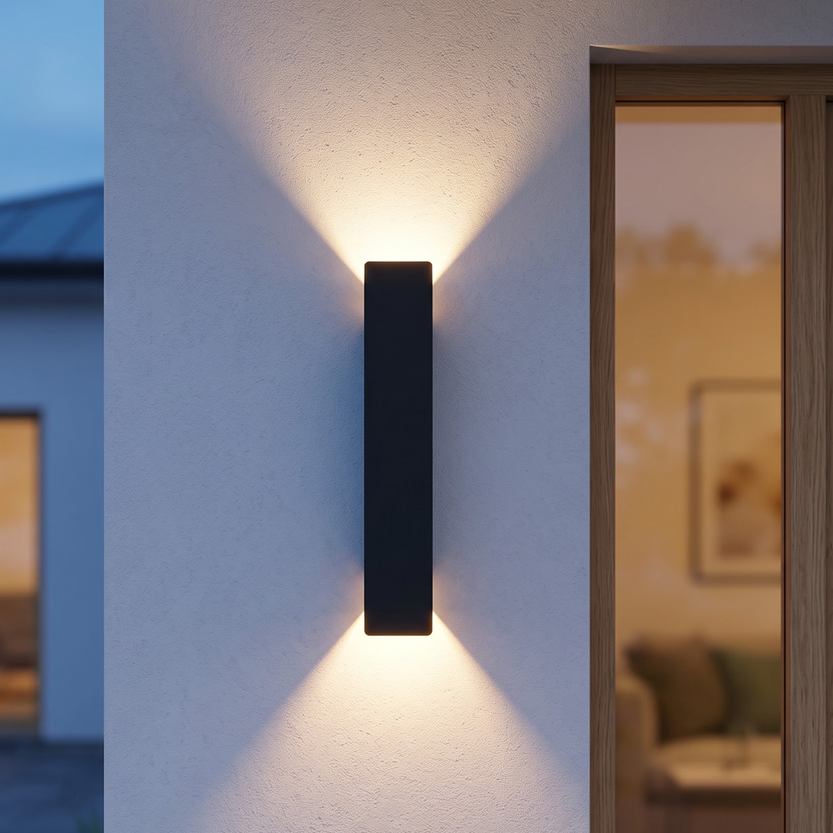 Black slim up-down outdoor wall light glowing beside a front door