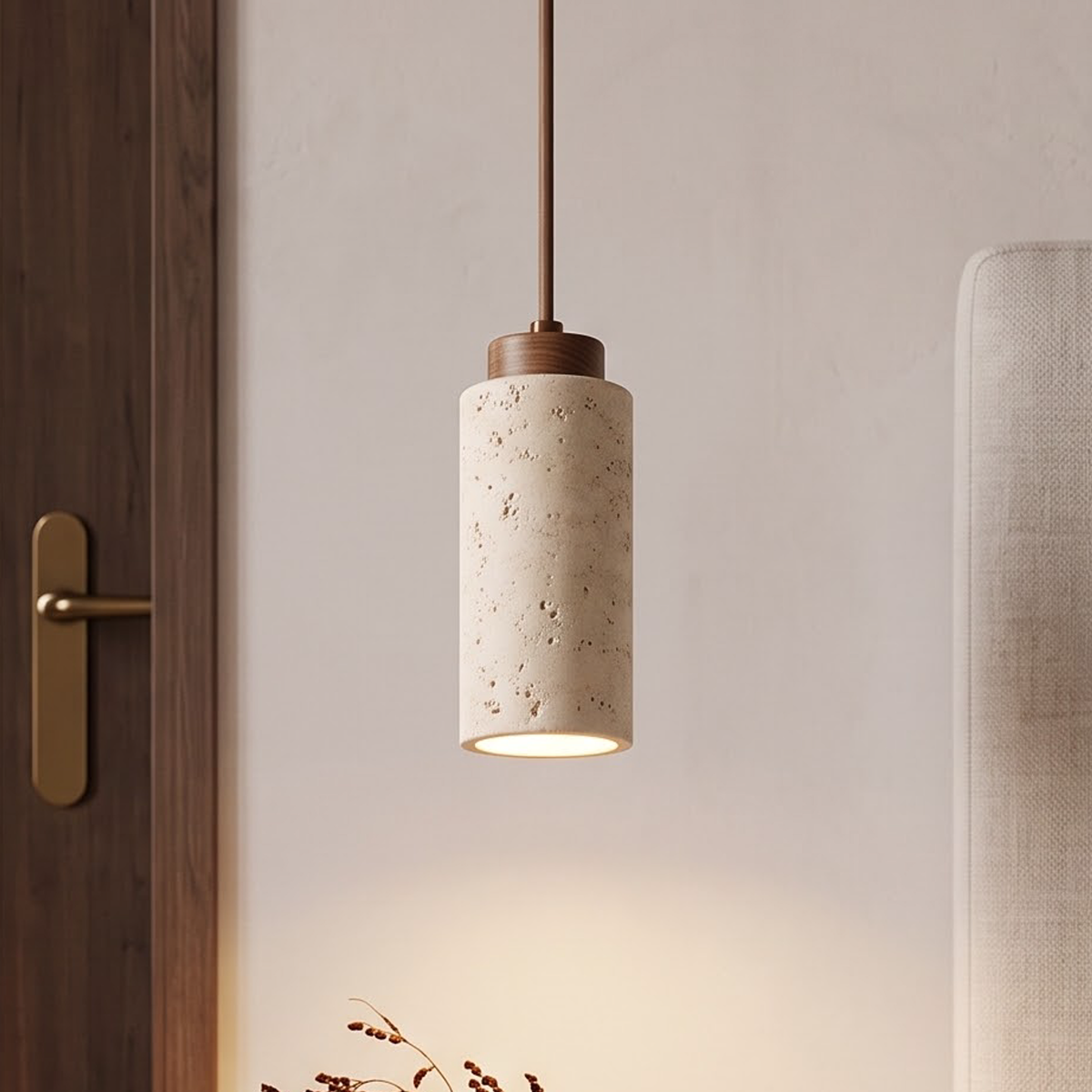 Round travertine stone pendant light glowing above a walnut bedside table
