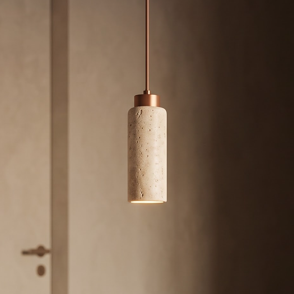 Round travertine pendant light above ceramic cups on a stone counter