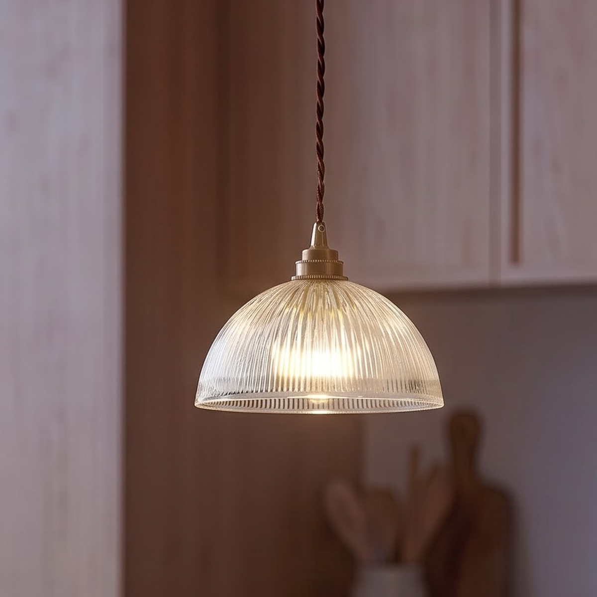 Ribbed clear glass dome pendant above a limestone kitchen island