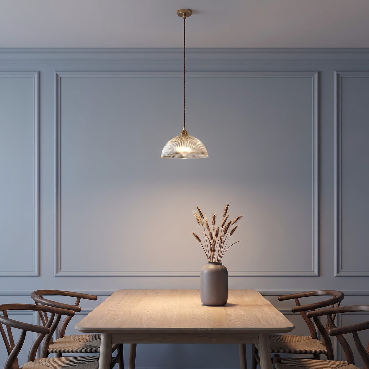 Clear ribbed glass pendant light over a pale oak dining table