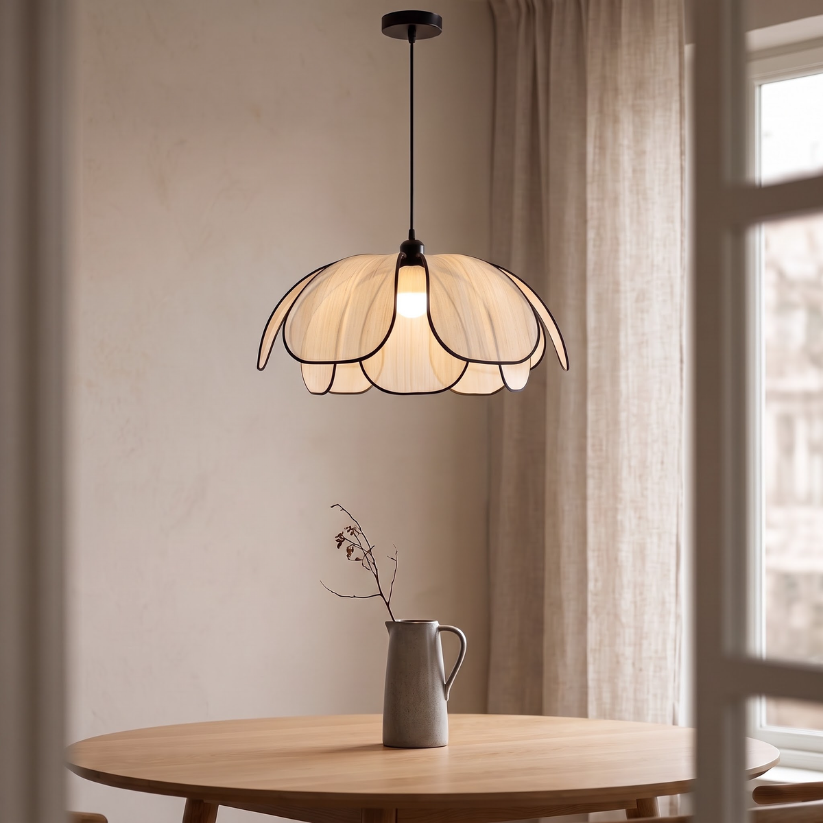 Cream fabric lotus pendant with black wire edges over a dining table