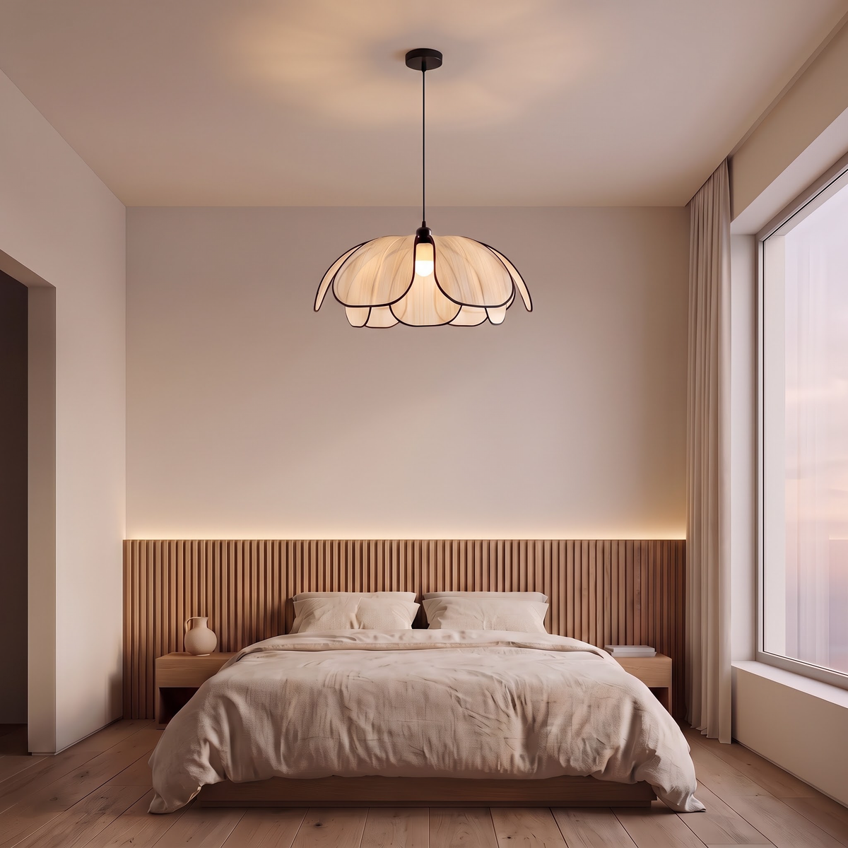 Lotus petal fabric pendant light above a low bed in a calm bedroom
