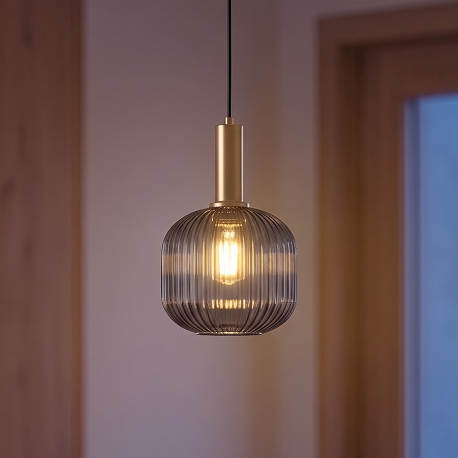 Smoke grey fluted glass pendant with gold cap over an oak table