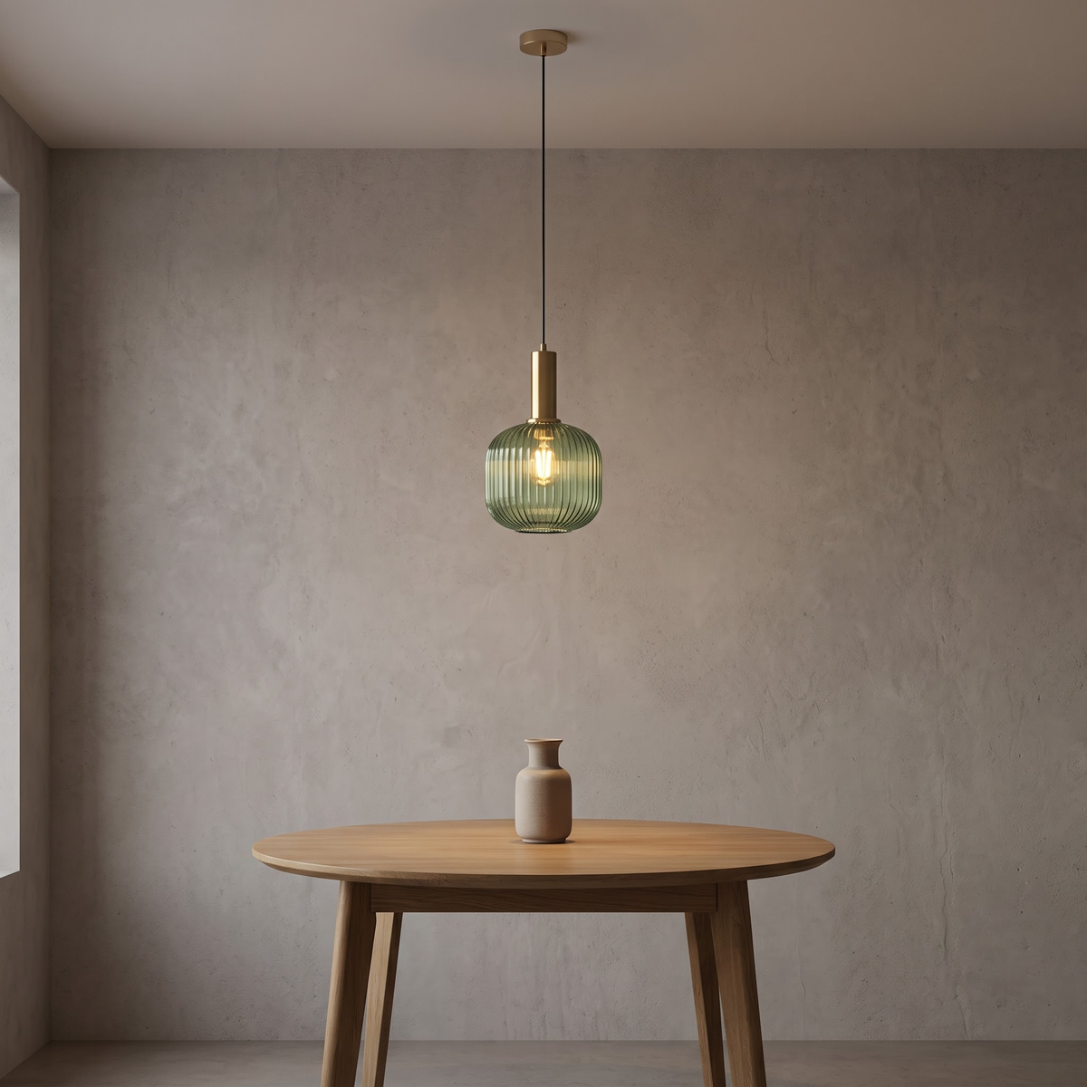 Green fluted glass pendant over a round oak table in a dining nook