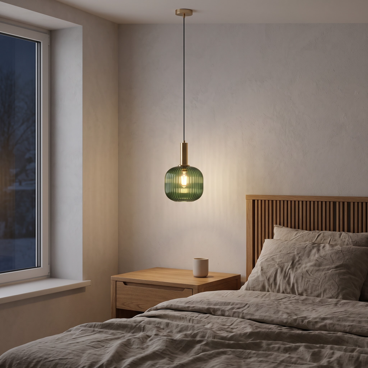 Deep green ribbed glass pendant hanging low beside a bed