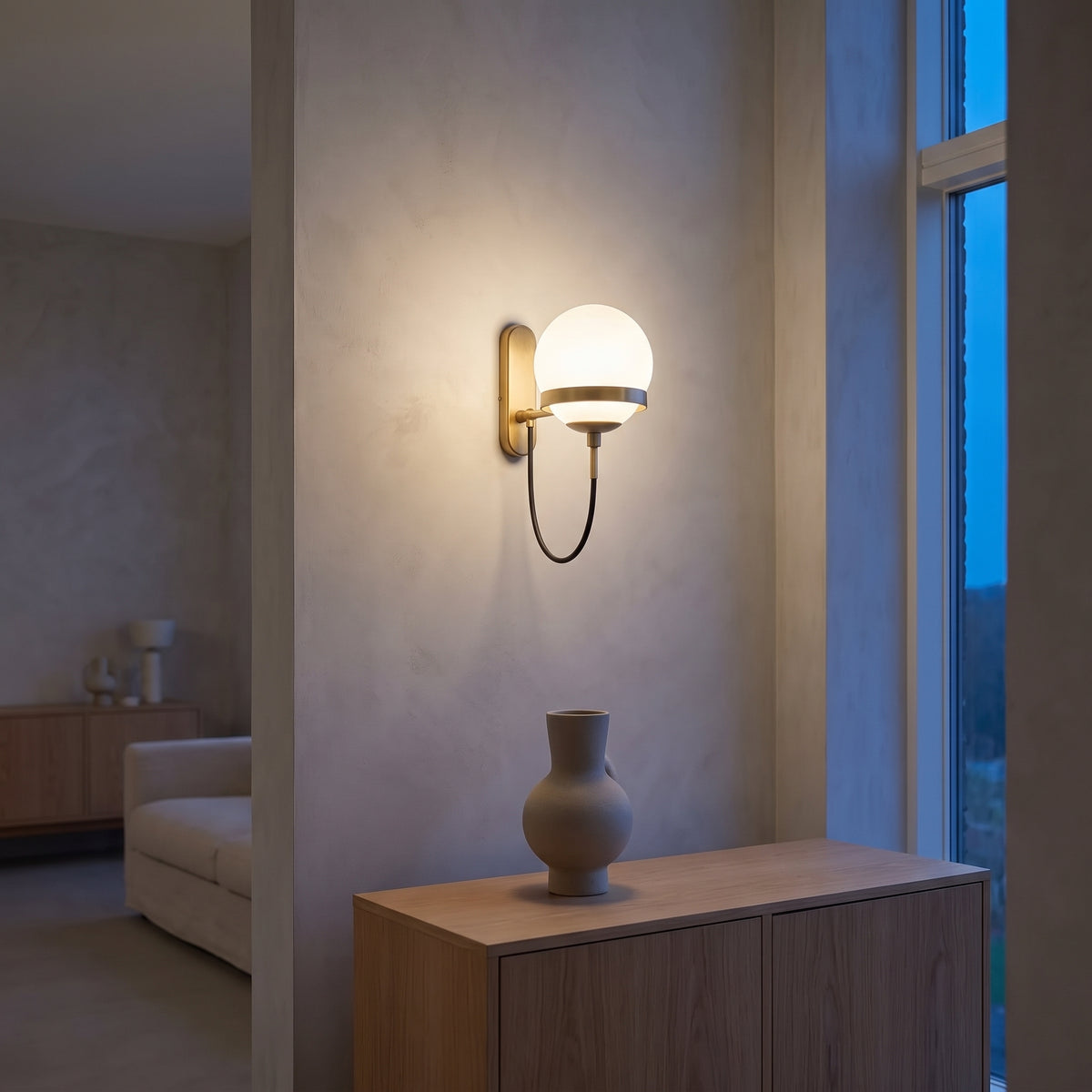 Suzu Globe Sconce – Opal Glass Globe on a Slim Arm, 7 in, Gold or Black