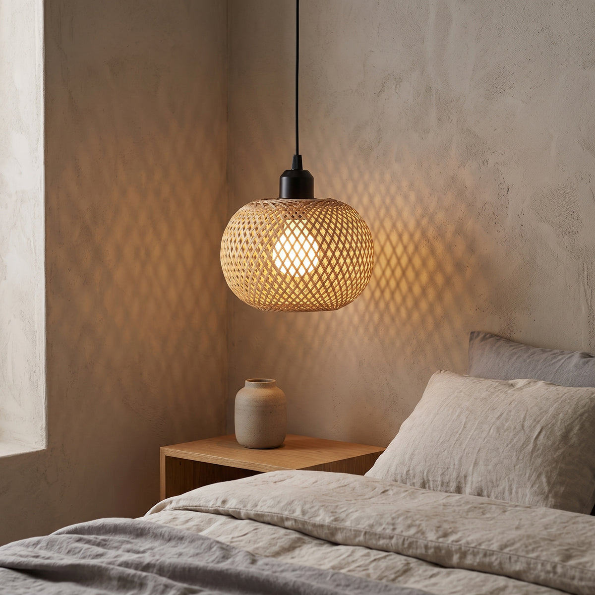 Woven bamboo pendant light hanging beside a bed with linen bedding