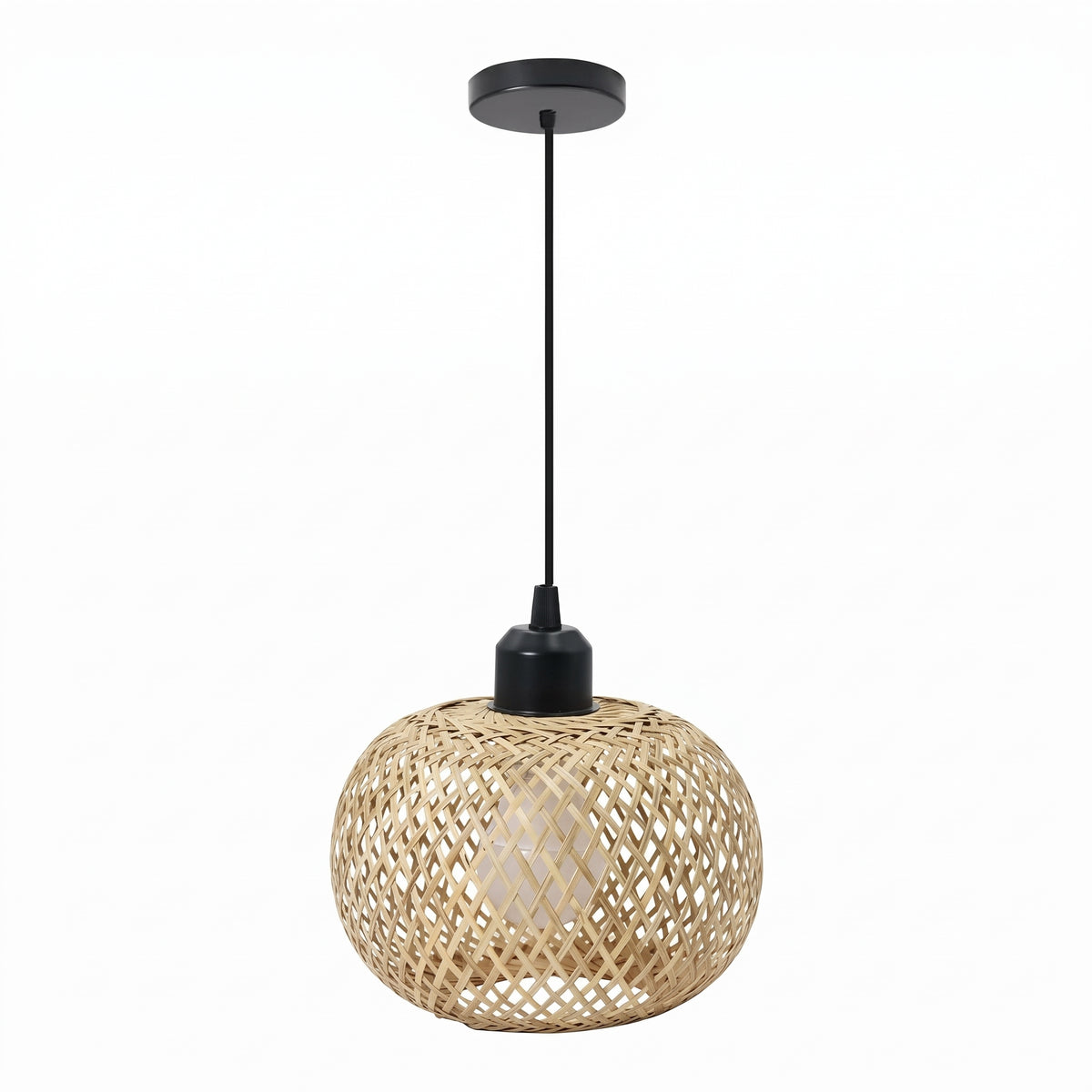 Woven bamboo globe pendant light with black cord and canopy