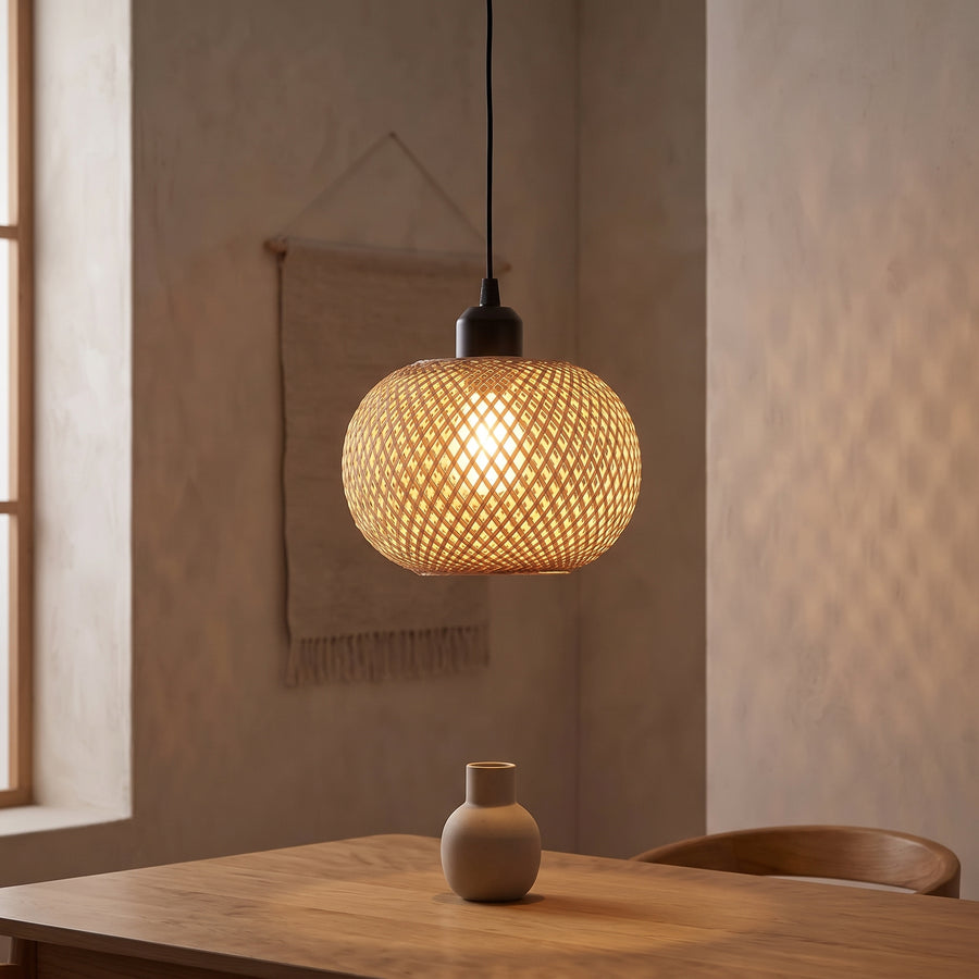 Tama Bamboo Pendant – Hand-Woven Bamboo Globe Shade, Warm Filtered Light, Natural