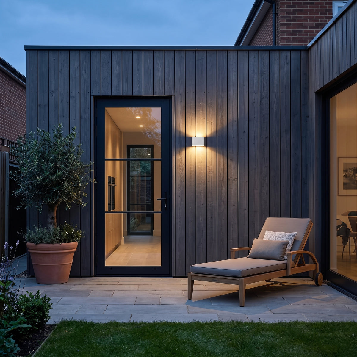 White outdoor up/down wall light on a dark timber patio wall