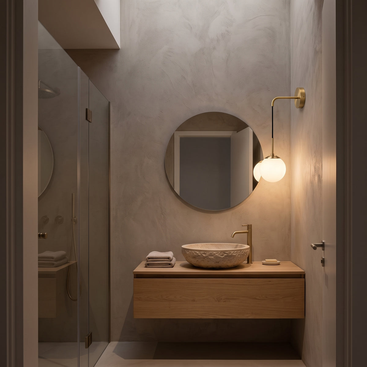 Milk white globe wall sconce beside a bathroom mirror in evening light