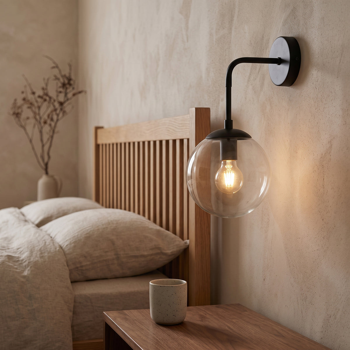 Black hook-arm wall sconce with a clear glass globe beside a bed