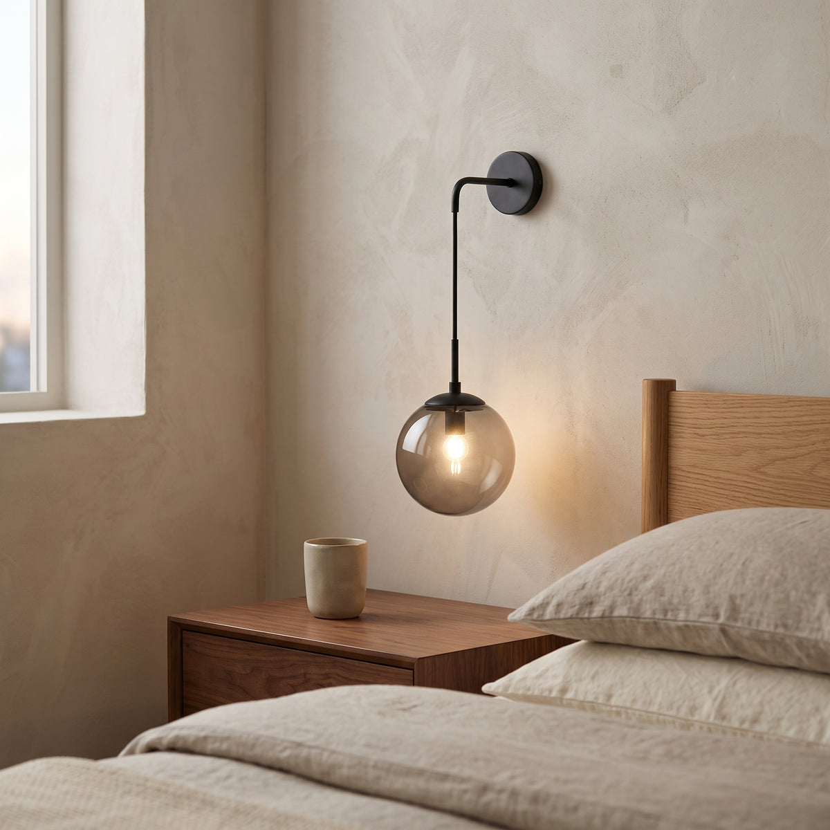 Black hook-arm wall sconce with a smoky grey glass globe beside a bed