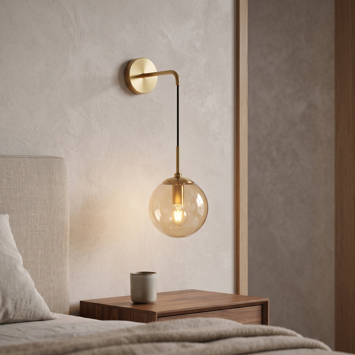 Brass hook-arm wall sconce with an amber glass globe beside a bed