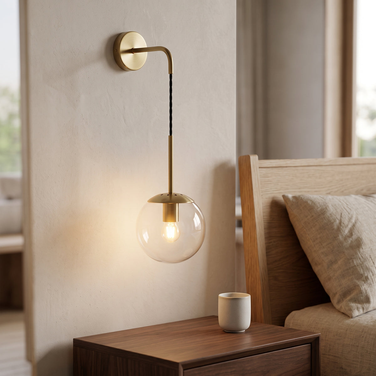 Brass hook-arm wall sconce with a clear glass globe beside a bed