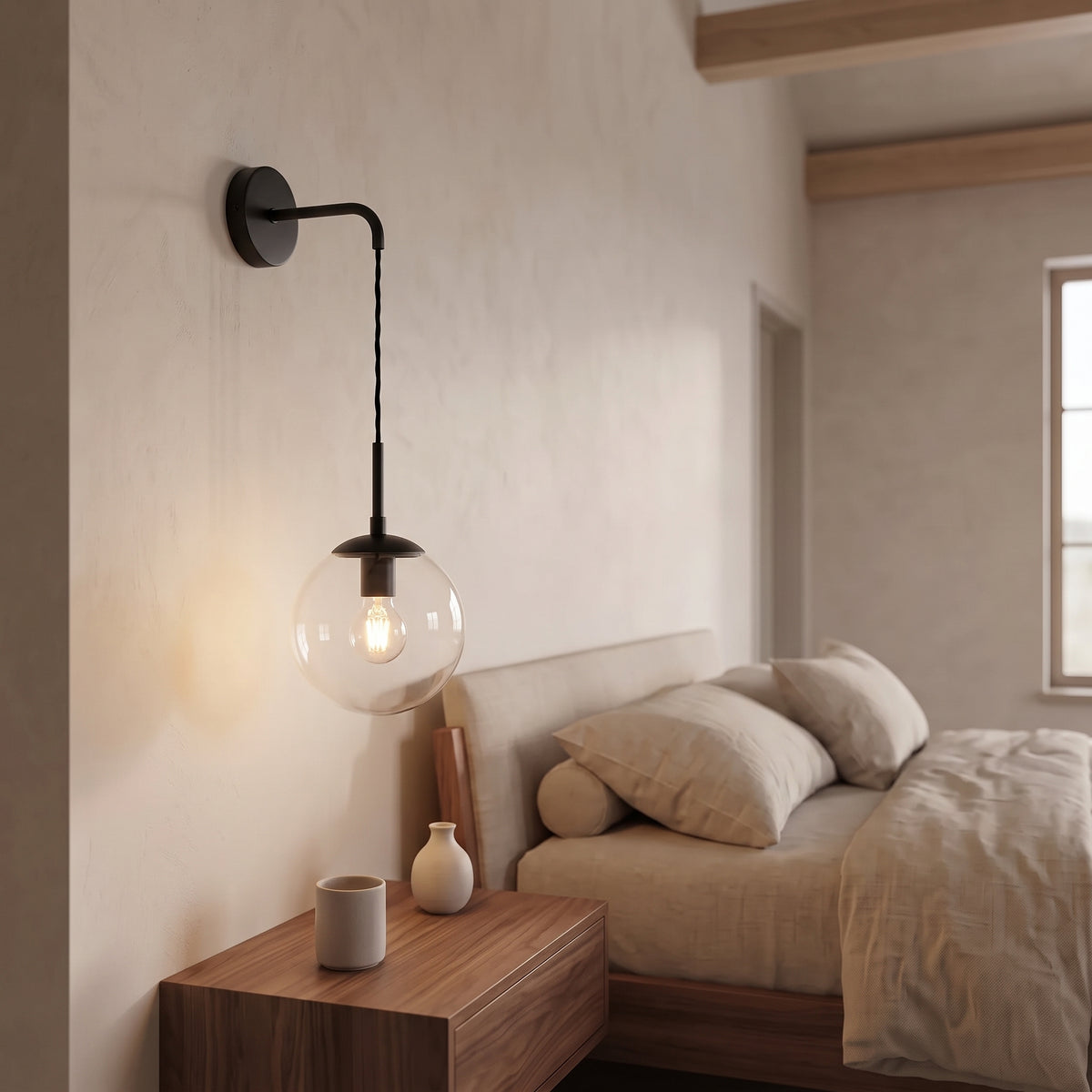 Tomo Glass Globe Wall Sconce in Black, Clear, switched on, close view