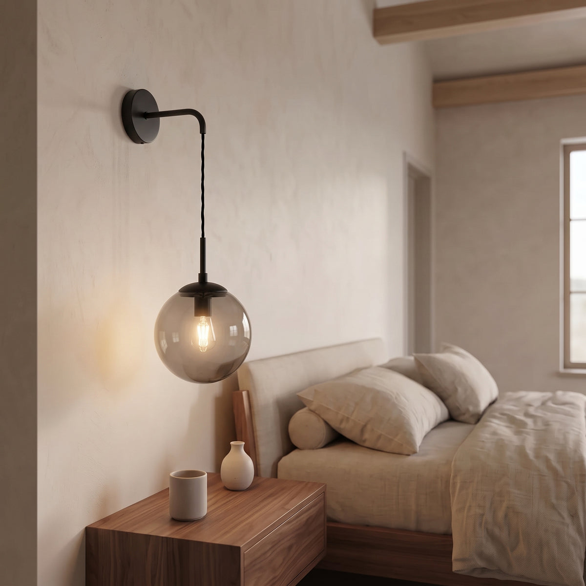 Tomo Glass Globe Wall Sconce in Black, Smoky Grey, switched on, close view