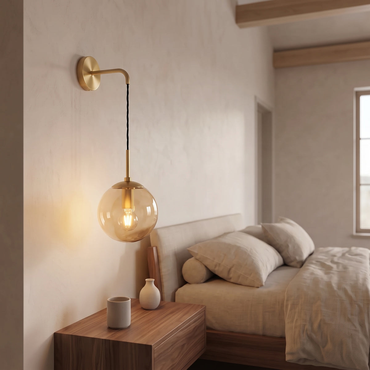 Tomo Glass Globe Wall Sconce in Brass, Amber, switched on, close view