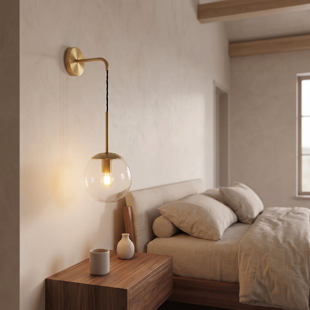 Tomo Glass Globe Wall Sconce in Brass, Clear, switched on, close view