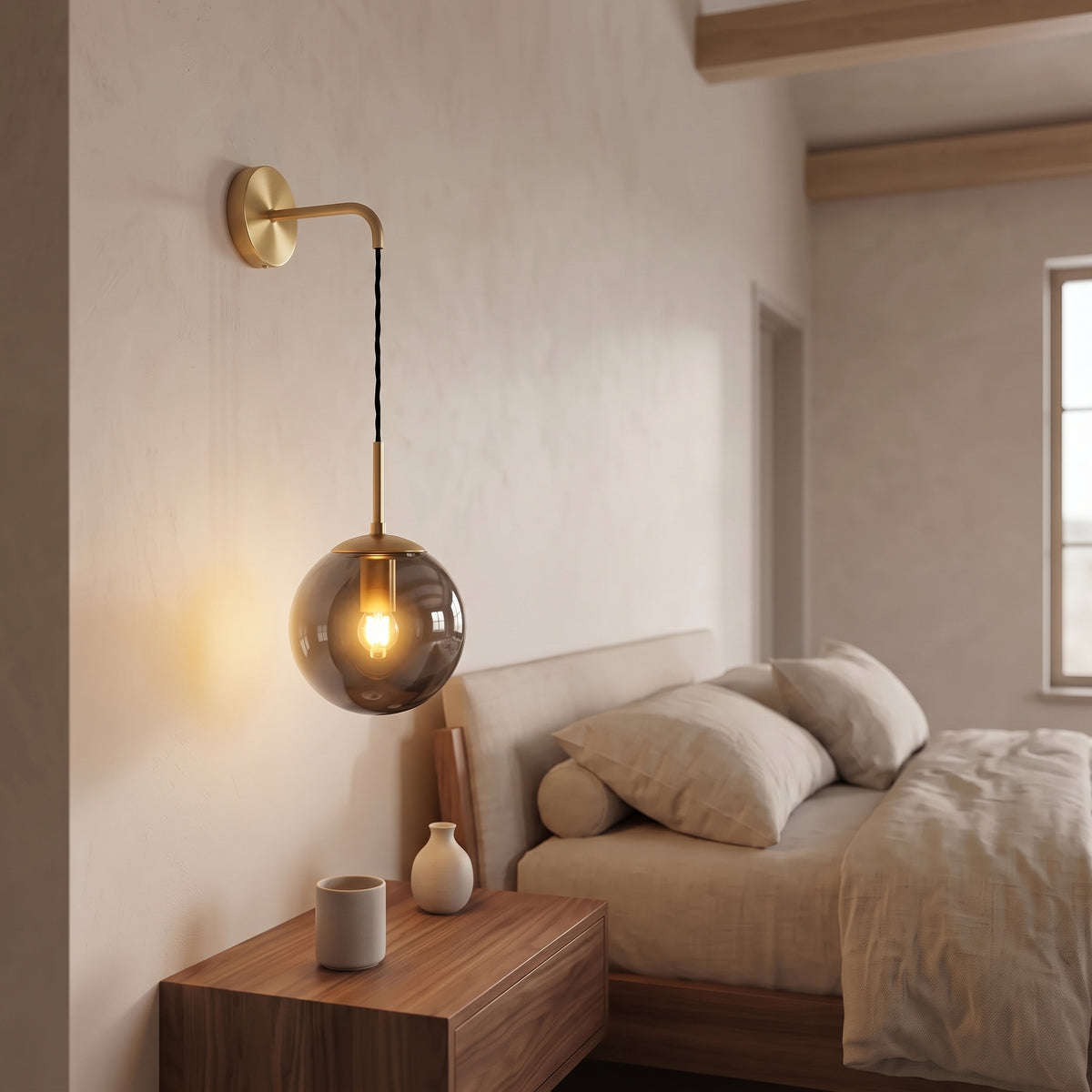 Tomo Glass Globe Wall Sconce in Brass, Smoky Grey, switched on, close view