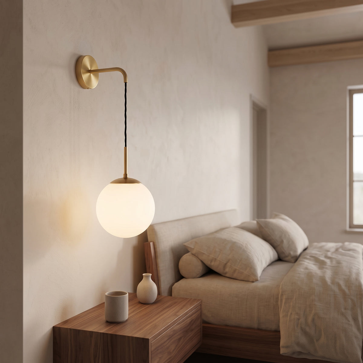 Tomo Glass Globe Wall Sconce – 6 in Glass Globe on Hook-Shaped Arm, Bedside Wall Lamp with Knob Switch, Brass or Black