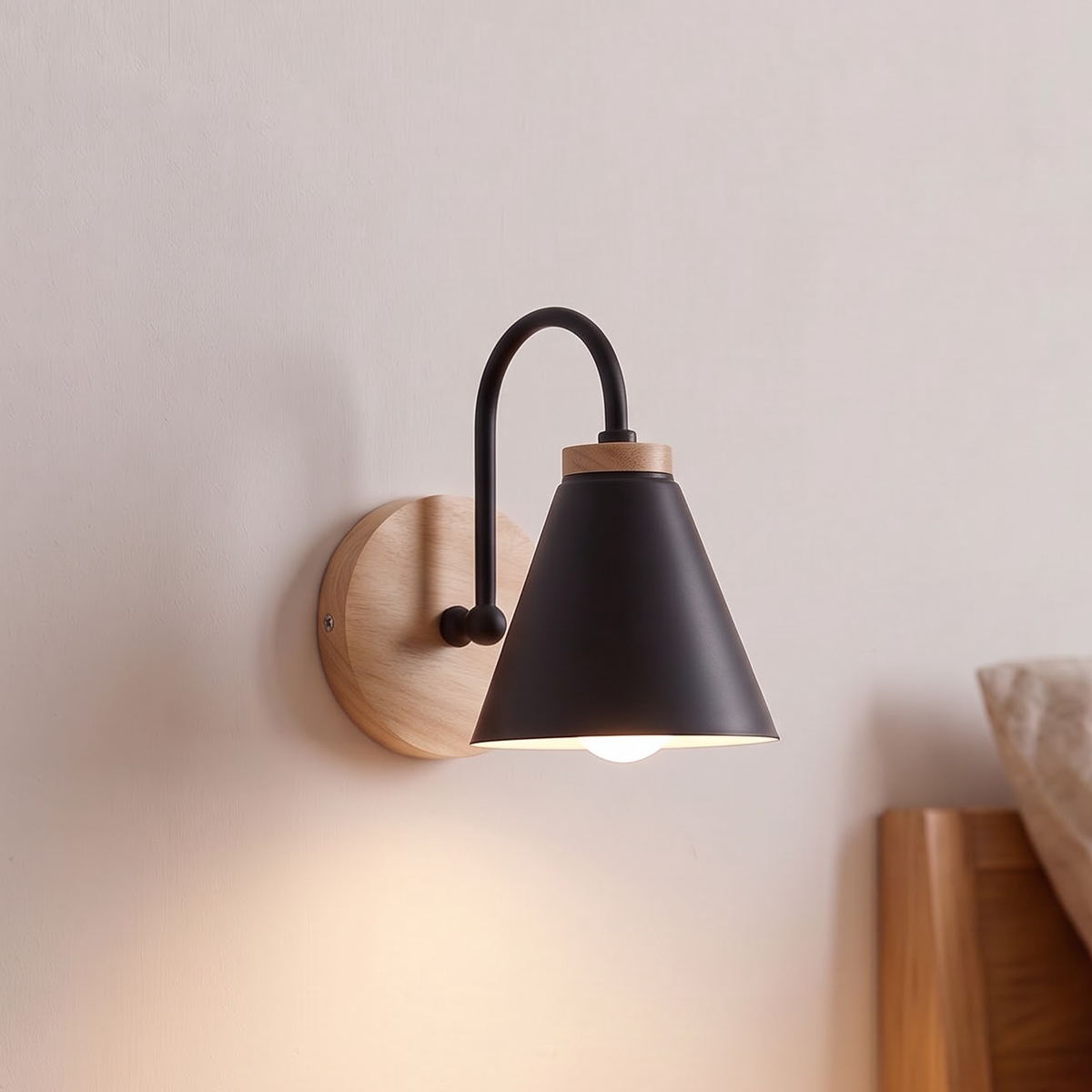 Black gooseneck cone wall sconce with wood plate above a nightstand