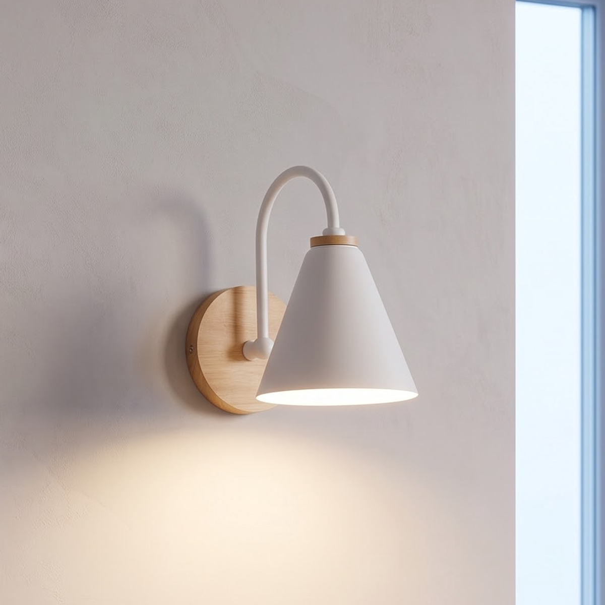 White cone wall sconce with wood accents beside an oak door