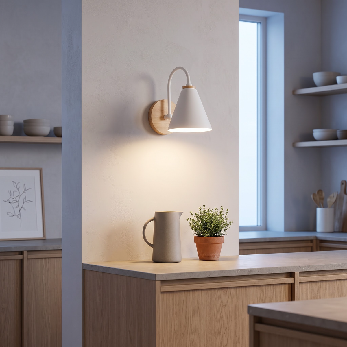 White cone shade wall light above a stone kitchen counter