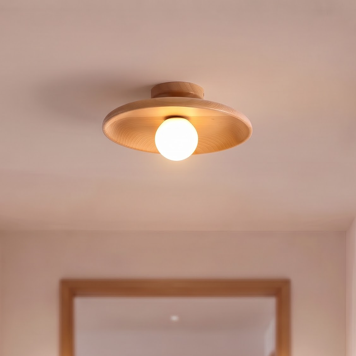 Natural wood saucer ceiling light with opal globe in a hallway
