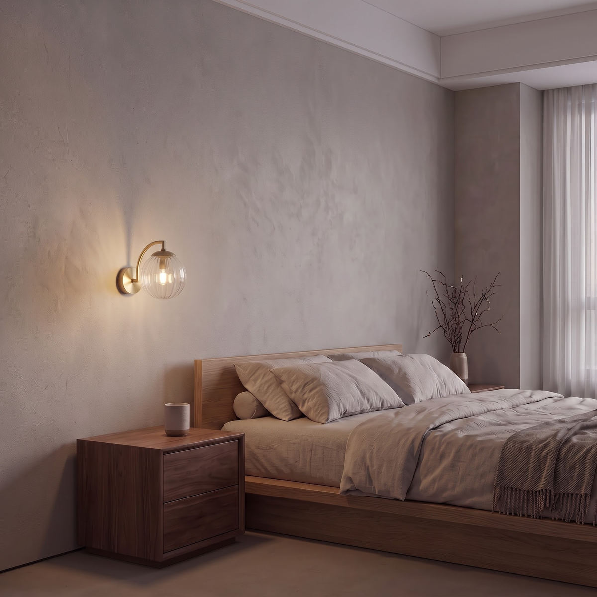 Clear ribbed glass wall sconce above a walnut nightstand at dusk