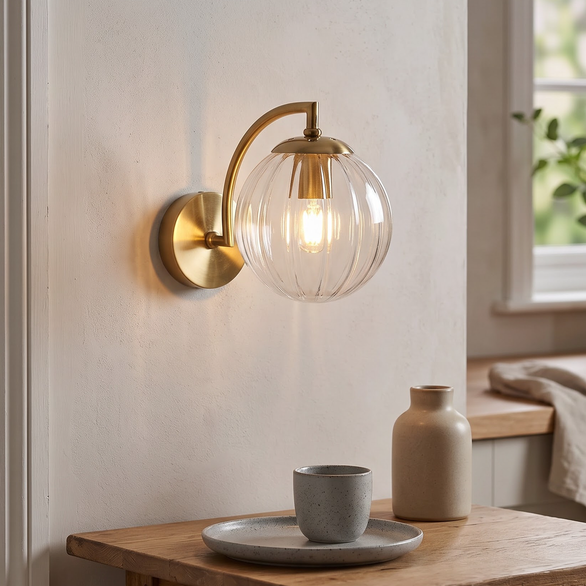 Clear fluted glass globe wall sconce above a breakfast table
