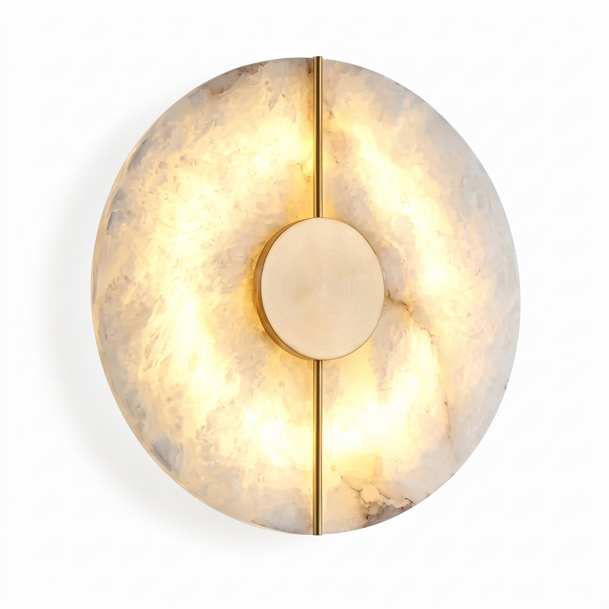 Round stone wall sconce with brass centre disc and bar, glowing