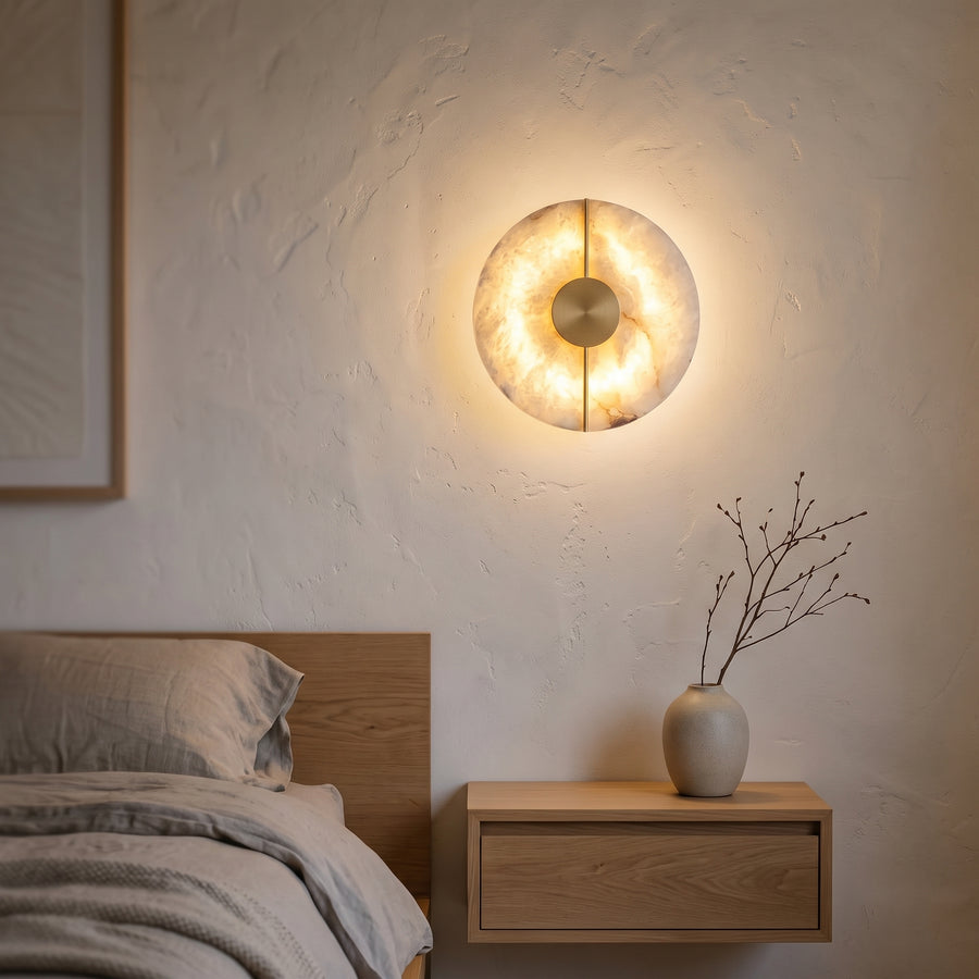 Tsuki Stone Wall Sconce – Round Translucent Stone Ring with Brass Centre, Warm Glow, 8 in