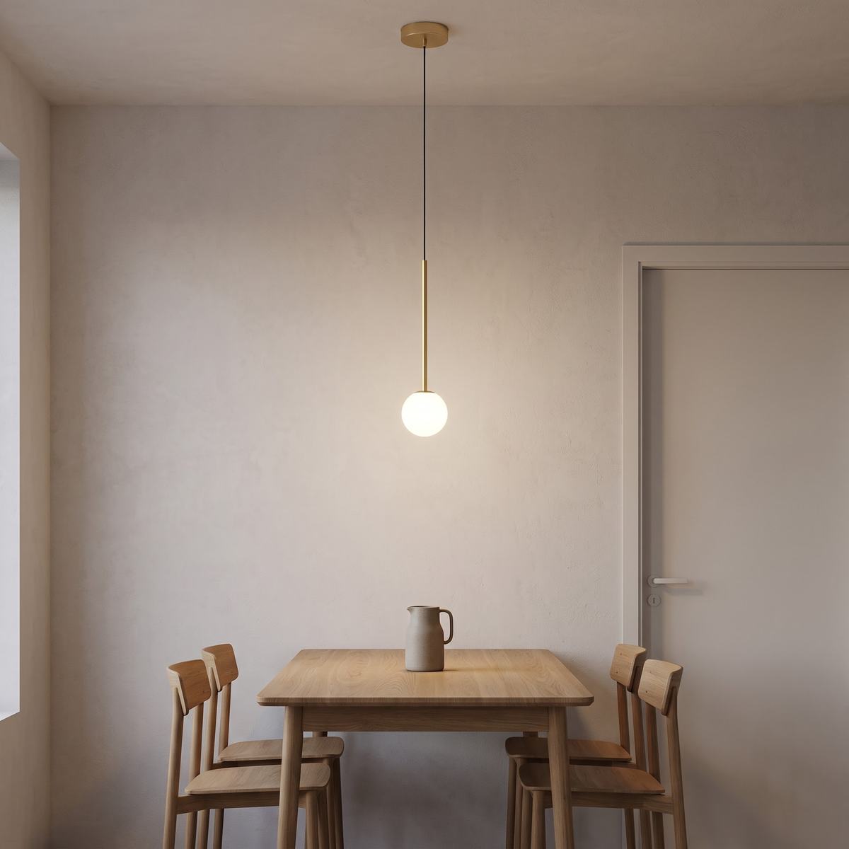 Gold rod and opal globe pendant above an oak entry bench